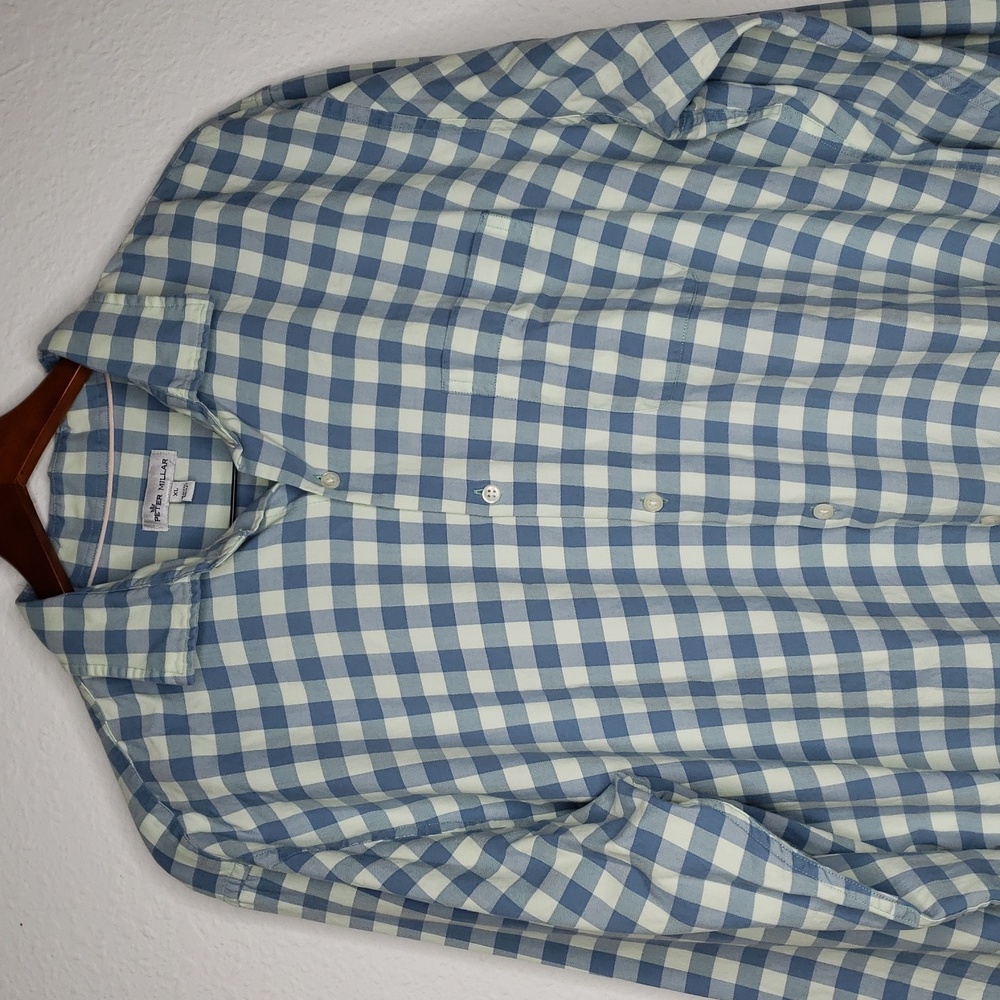Peter Millar Cotton Silk Button Up Long Sleeve Shirt Size XL Gingham Plaid Logo - Picture 3 of 12